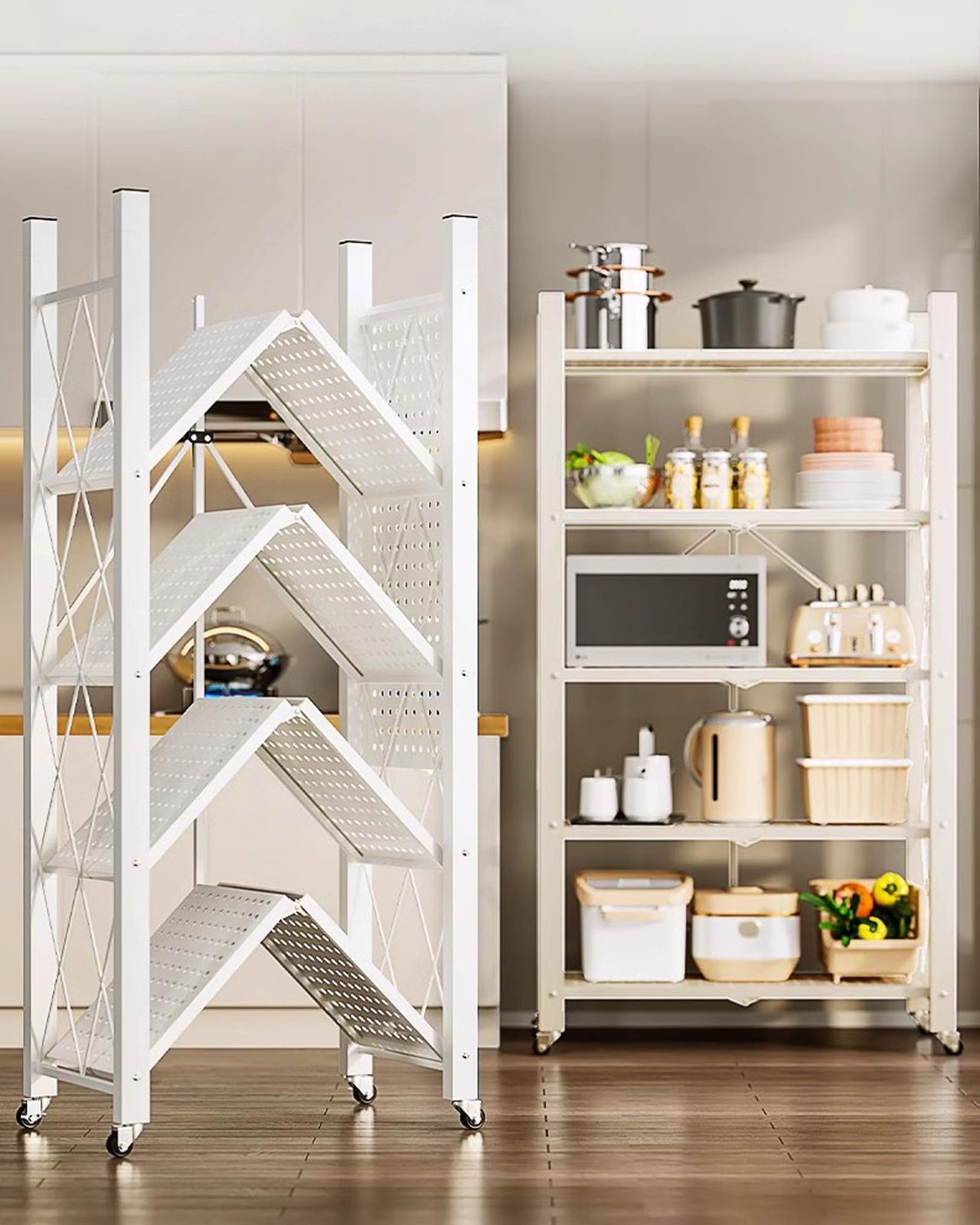 折り畳みラック オープンラック スチールラック 可動棚 メタルラック 収納ラック オープンシェルフ キャスター付き レンジラック 幅71×奥行34×高さ87cm 頑丈なキッチン金属 組み立て不要 折りたたみ棚 F ing Shelf 3段 Whit