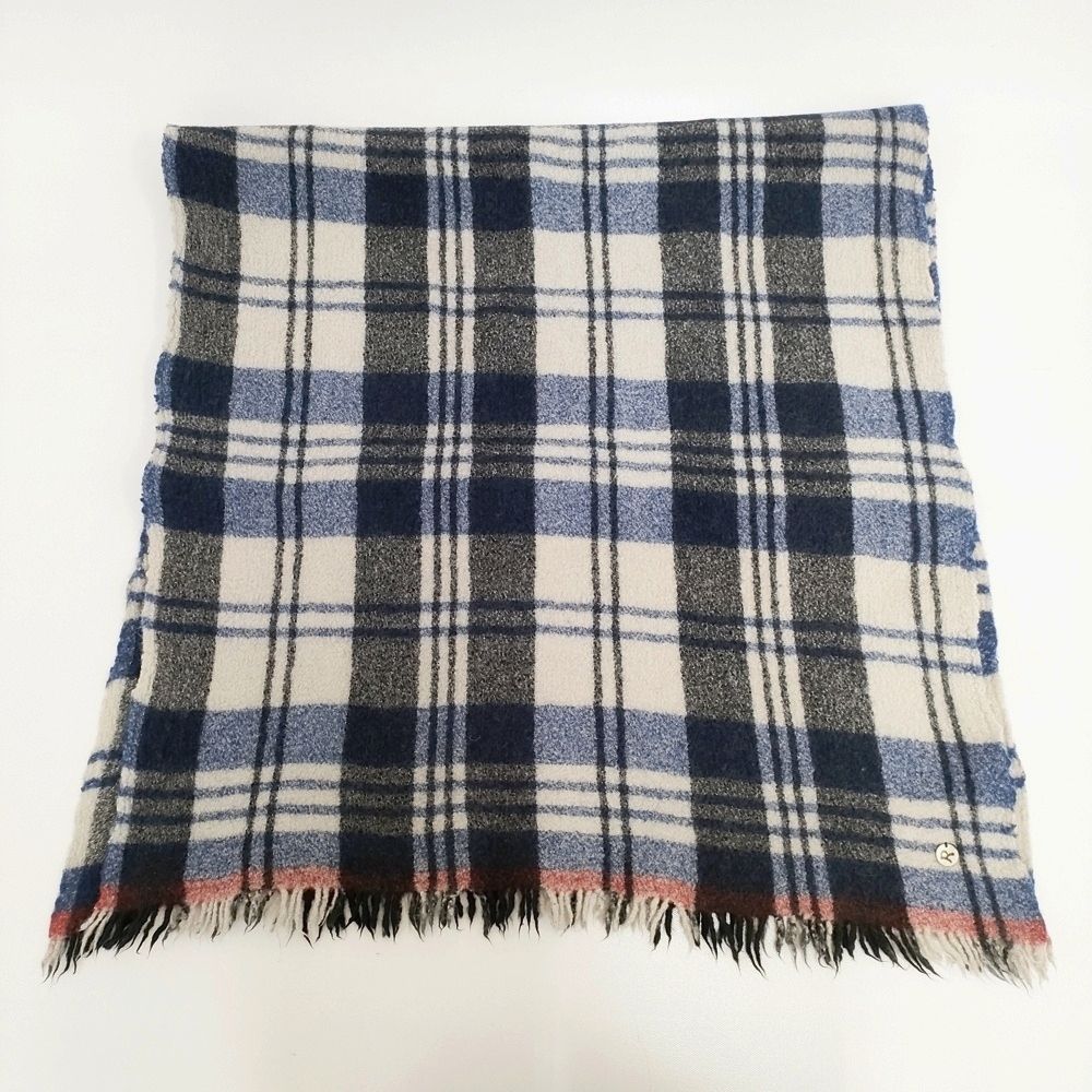 45R|45rpm メリノカシミヤチェックストール 定価36000円 マフラー ストール ネイビー ホワイト レディース フォーティーファイブアールピーエム 5-1016T◎