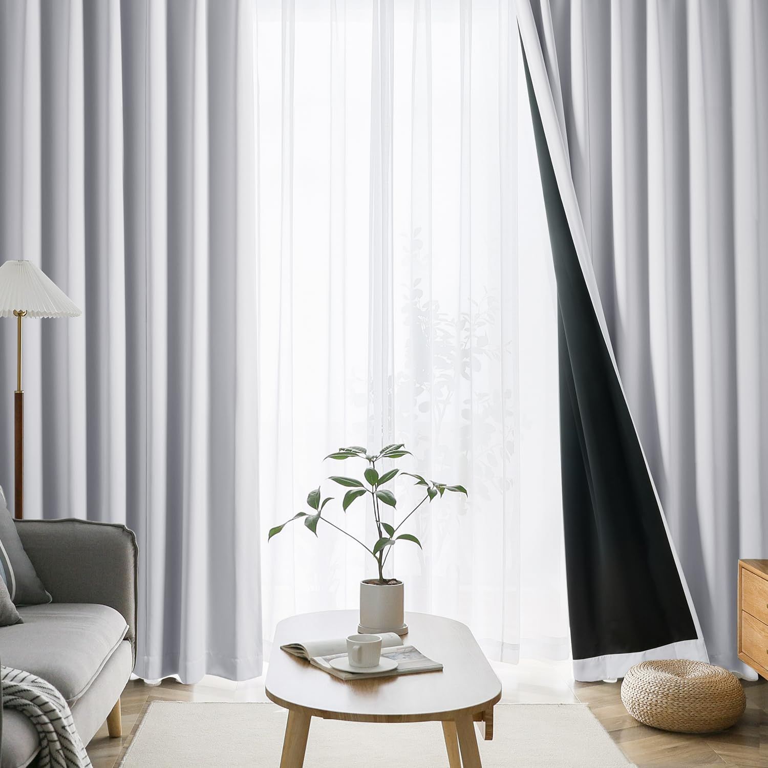 在庫処分 保温 昼夜目隠し おしゃれ 節電対策 洗える 断熱 形態記憶加工済み 洗濯機対応 UVカット ドレープカーテン カーテン2枚 小窓 黒裏地タイプ レース2枚 幅150 高密度な生地 cm×丈178 高い機能性 99.9%以上遮光 cm 4枚セット