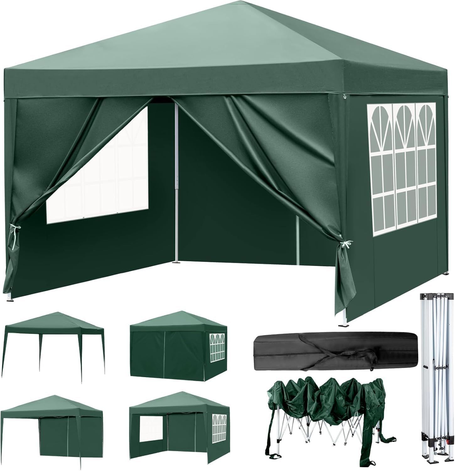 TOPAIM ワンタッチ タープテント 3m×3m サイドシート4枚付き グリーン 3段階調節 イベントテント 収納バッグ付き スチール 大型 耐水