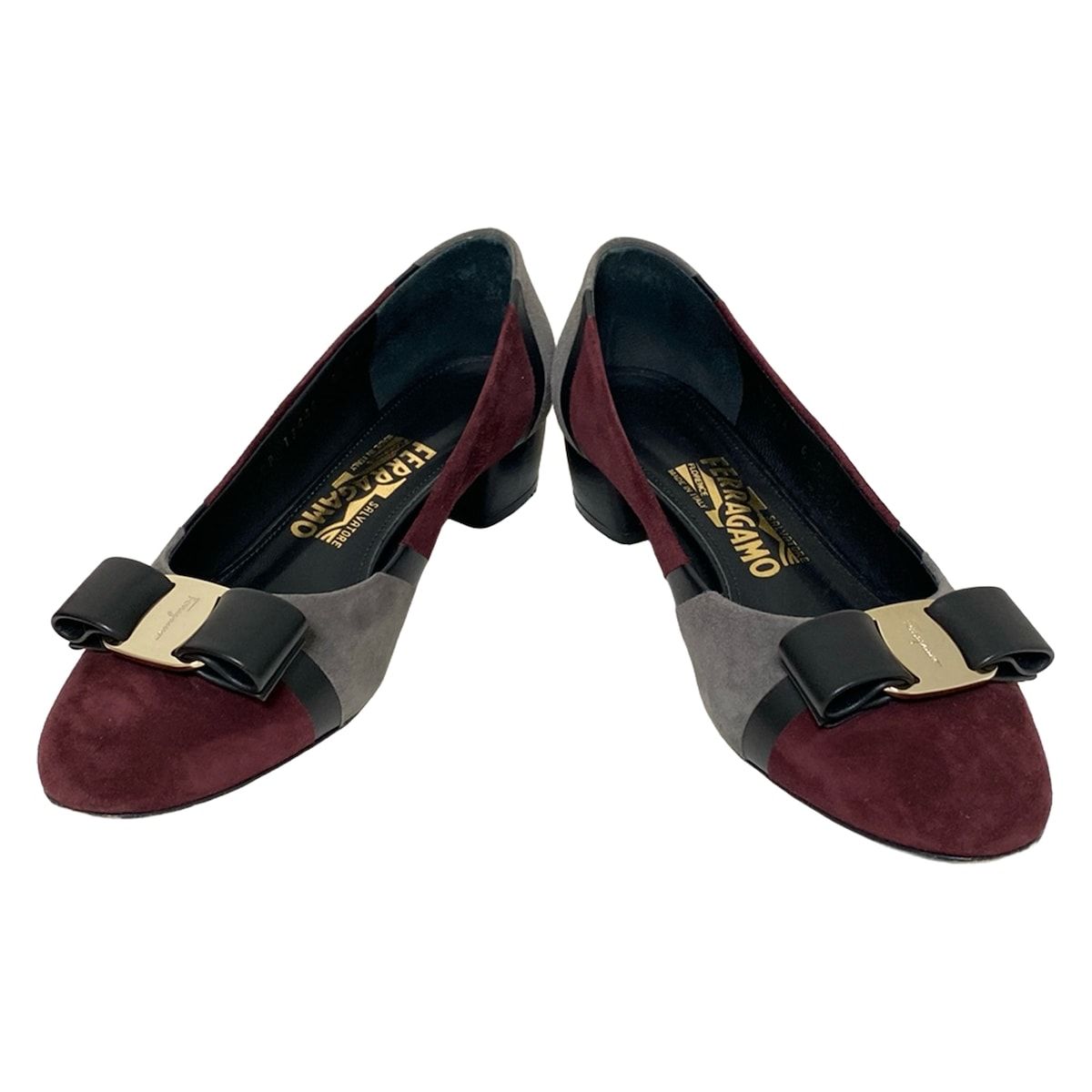 FERRAGAMO|SalvatoreFerragamo サルバトーレフェラガモ パンプス 6 D レディース - ボルドー×ダークグレー×黒 ヴァラ レザー