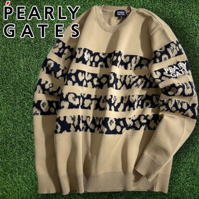 パーリーゲイツ ゴルフ 日本製 ウールポリコード×エコペット2 WJQ レオパード柄ボーダー クルーネック 長袖 ニット セーター プルオーバー ゴルフウェア 053-2270005 定価3.7万 ベージュ ブラック▲041 51007w04