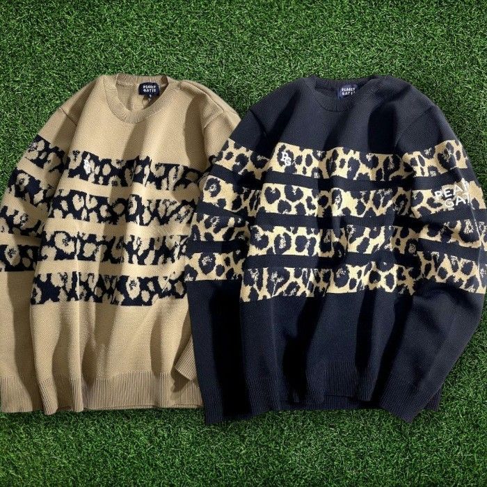 パーリーゲイツ ゴルフ ウールポリコード×エコペット2 WJQ レオパード柄ボーダー クルーネック 長袖 ニット セーター プルオーバー ゴルフウェア 053-2270005 定価3.7万 ベージュ ブラック 041 51007w04