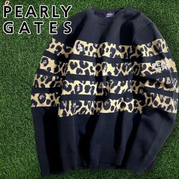パーリーゲイツ ゴルフ ウールポリコード×エコペット2 WJQ レオパード柄ボーダー クルーネック 長袖 ニット セーター プルオーバー ゴルフウェア 053-2270005 定価3.7万 ブラック ベージュ▲041 51007w05