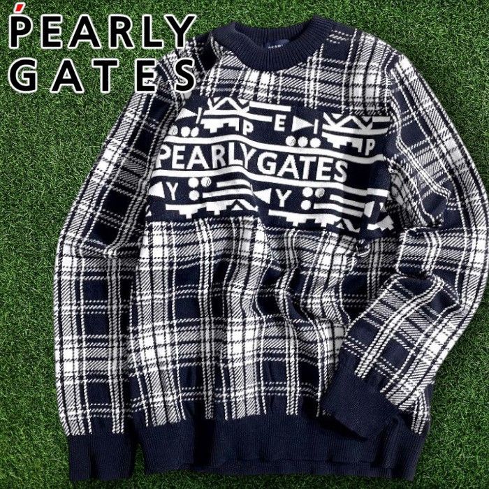 パーリーゲイツ ゴルフ ウール混 ジャガードニット ナバホ×チェック柄 クルーネック 長袖 ニット セーター プルオーバー ゴルフウェア 053-2270113 定価3.7万 ネイビーブラック ホワイト ▲041 51008w01