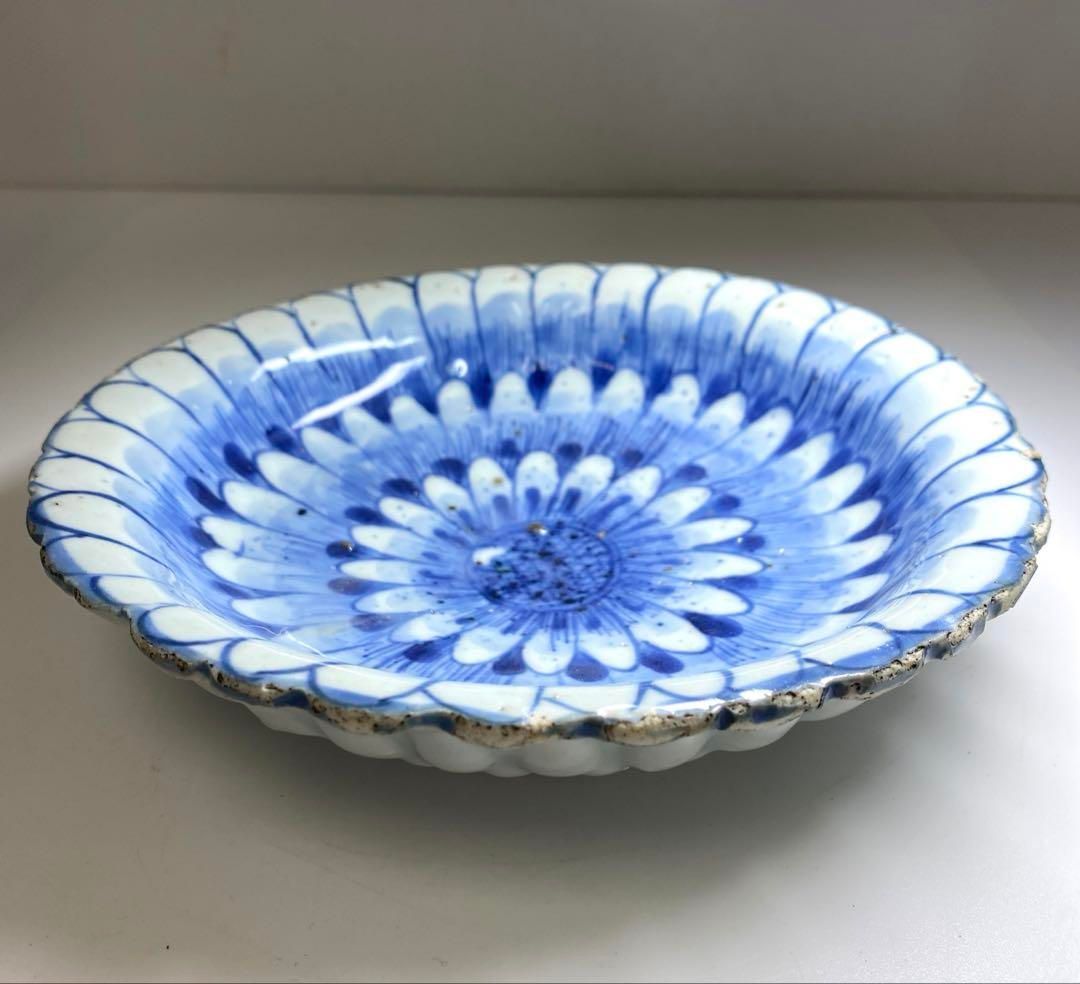 中国清末民初時代 古染付上手菊皿 約18.5㎝ 東Y7-0116☆2Fチコトヒ