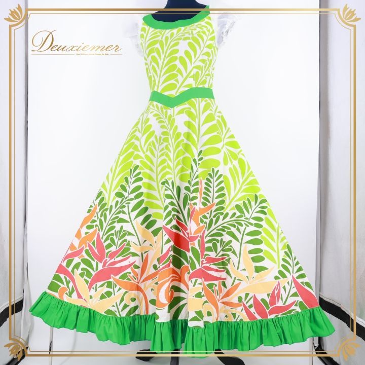 フラダンス 衣装 ワンピース ドレス グリーン系 アロハ フラ ダンス バードオブパラダイス柄 緑 黄緑 白 赤 爽やか ALOHA STANDARDS かわいい パフスリーブ 華やか ハワイアンプリント ホワイト系 オレンジ系 レッド系