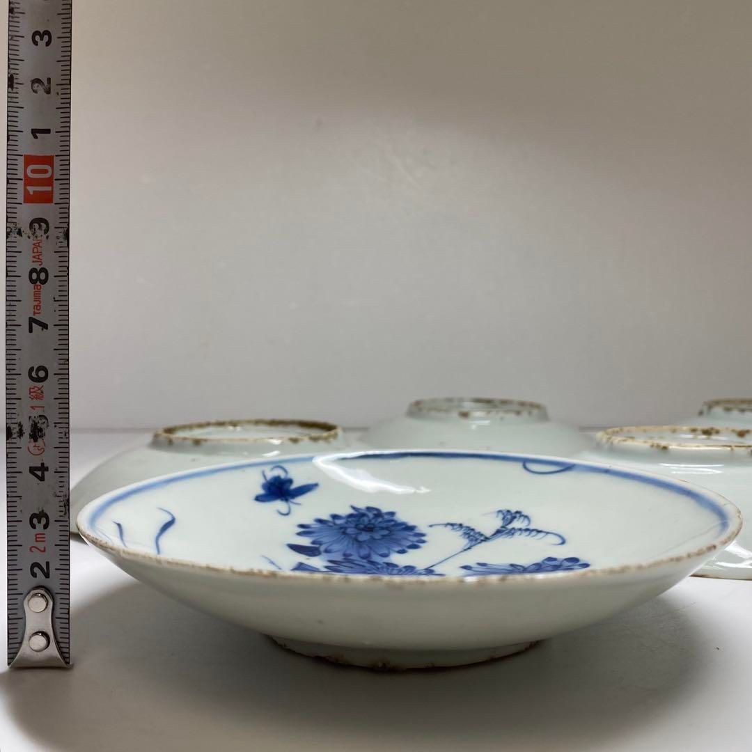 中国明時代　古染付上手菊図皿5枚　木箱付　約15.5㎝ 東Y7-0116☆2F 中国明時代 古染付上手菊図皿5枚 木箱付 約