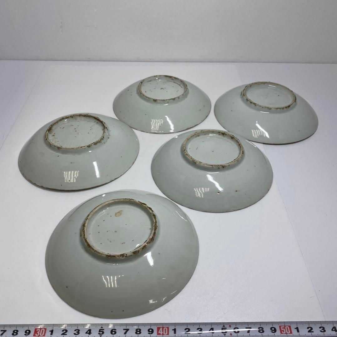 中国明時代　古染付上手菊図皿5枚　木箱付　約15.5㎝ 東Y7-0116☆2F 中国明時代 古染付上手菊図皿5枚 木箱付 約