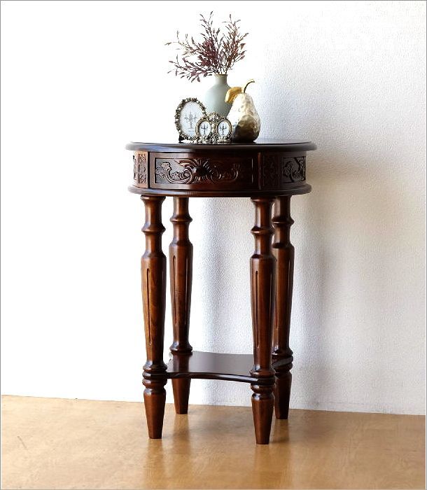 アンティーク調 コンソールテーブル 木製 玄関 花台 飾り台 電話台 サイドテーブル 引き出し アンティークなサークルコンソール 1ドロアー