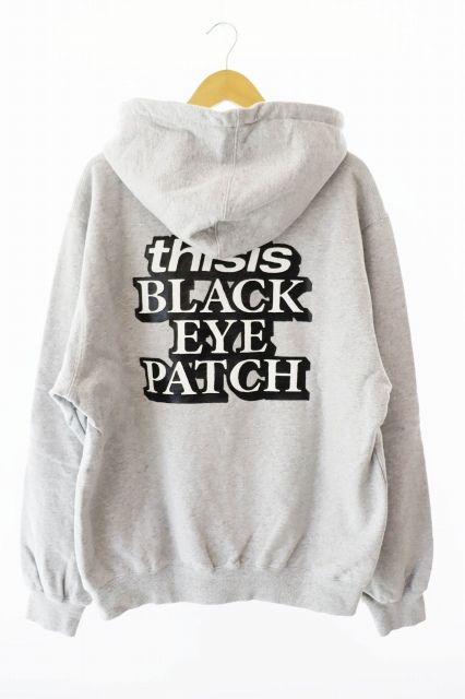 ブラックアイパッチ THE BLACK EYE PATCH × thisisneverthat ディスイズネバーザット Hoodie ロゴ プリント フーディー パーカー L グレー ブランド古着ベクトル 251030