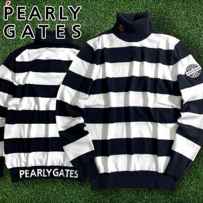 PEARLY GATES パーリーゲイツ ゴルフ カシミヤタッチ SUSTAIN加工 コットン混 ワイドーボーダー柄 タートルネック 長袖 ニット プルオーバー ゴルフウェア 053-2274093 定価2万 ホワイト ブラック ▲023 51006w08