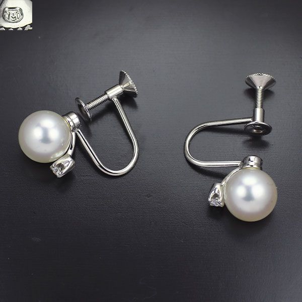 ミキモト K18WG アコヤ真珠 ダイヤモンド イヤリング 径約7.4mm