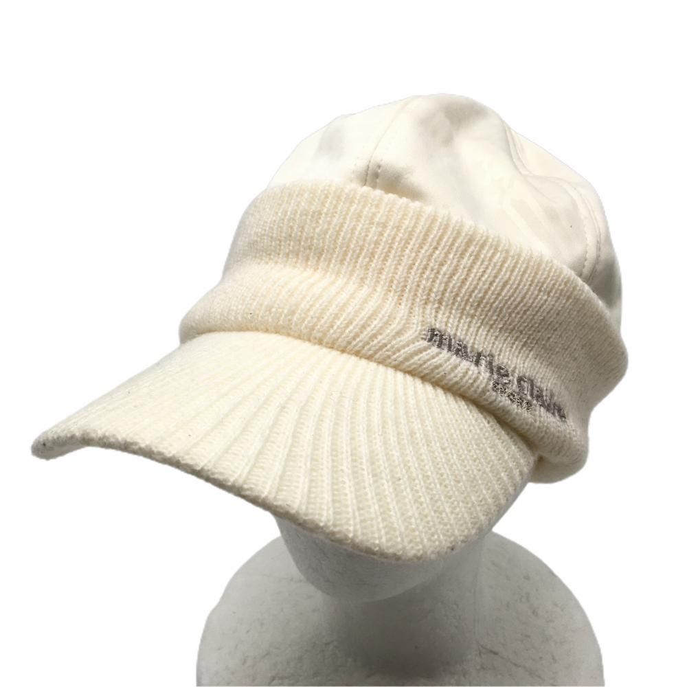 【超美品】マリクレール つば付きニット帽 アイボリー クラウン地模様 ロゴ刺しゅう 中綿  表記なし  ゴルフウェア marie claire