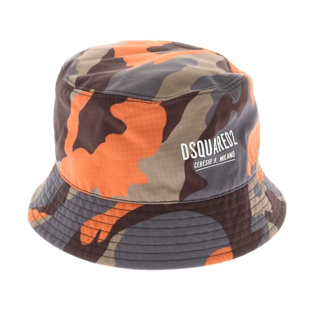 ディースクエアード ナイロン カモフラ バケットハット グレーxオレンジ サイズM メンズ