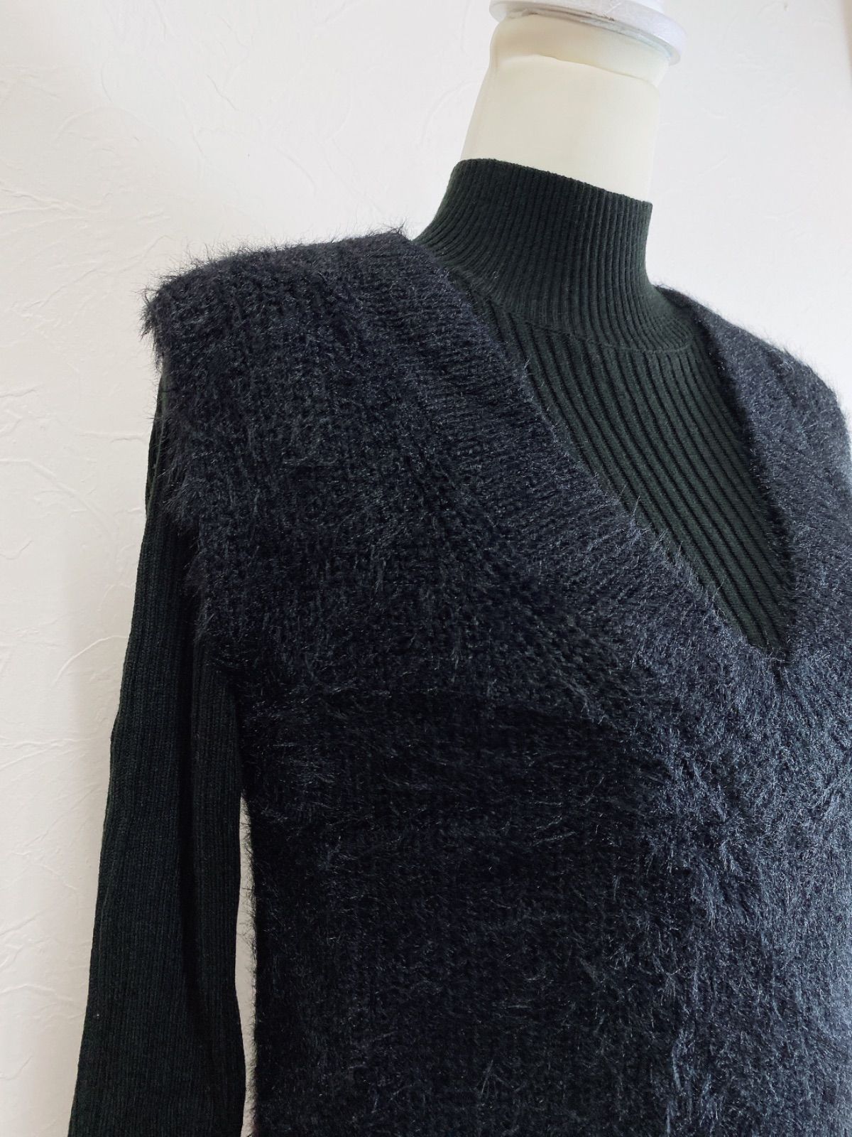 リブニットワンピース×フェザーベストセット ハイネック