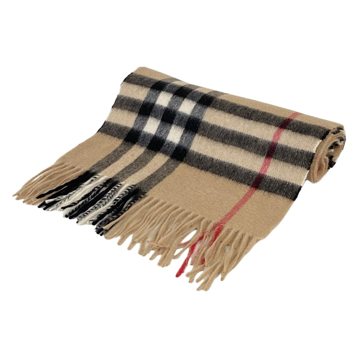 BURBERRY|Burberry バーバリー マフラー - ベージュ×黒×マルチ チェック柄|フリンジ カシミヤ