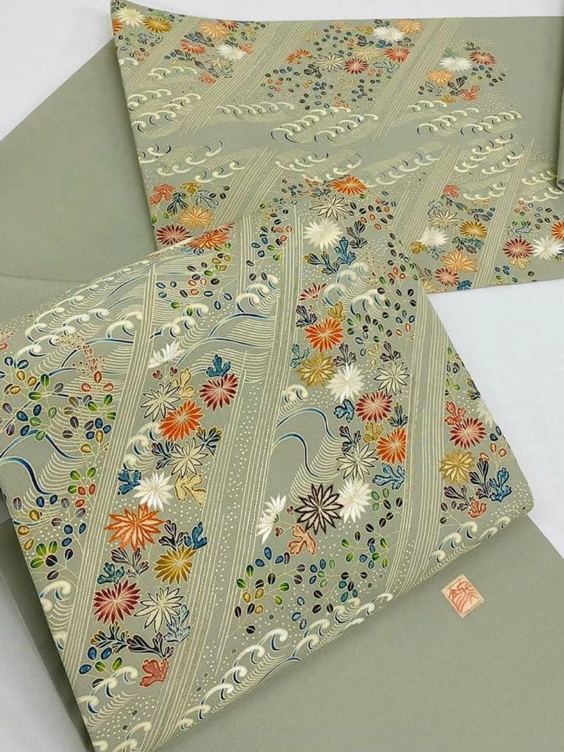 希少 東京友禅 木下冬彦 御所解 塩瀬 手描き 手刺繍 名古屋帯 落款入