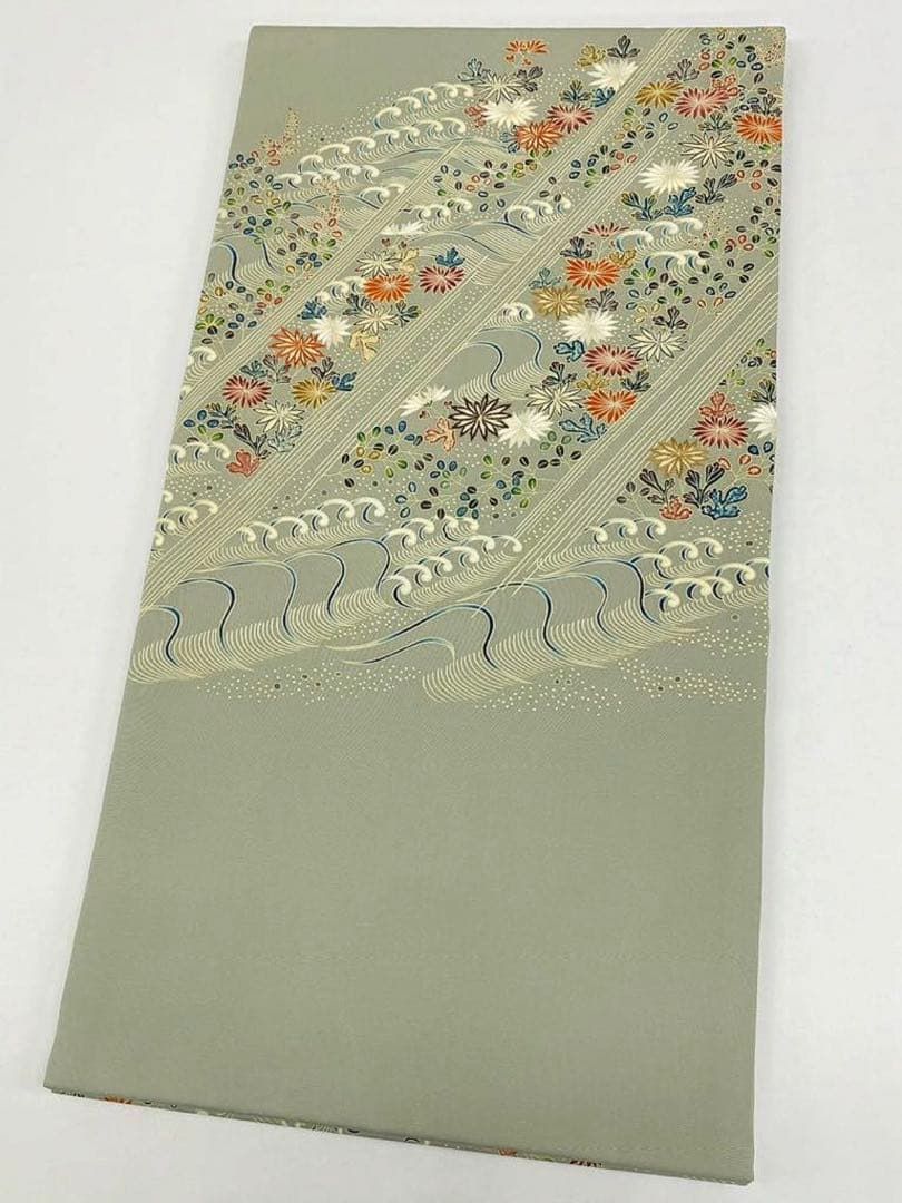 希少 東京友禅 木下冬彦 御所解 塩瀬 手描き 手刺繍 名古屋帯 落款入