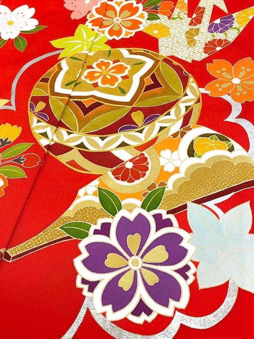 引き振袖 型友禅 未仕立て品 仮絵羽 金駒 金彩 折り鶴 鞠 八掛付き 