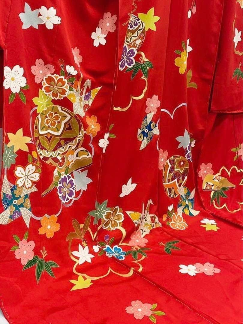 引き振袖 型友禅 未仕立て品 仮絵羽 金駒 金彩 折り鶴 鞠 八掛付き 