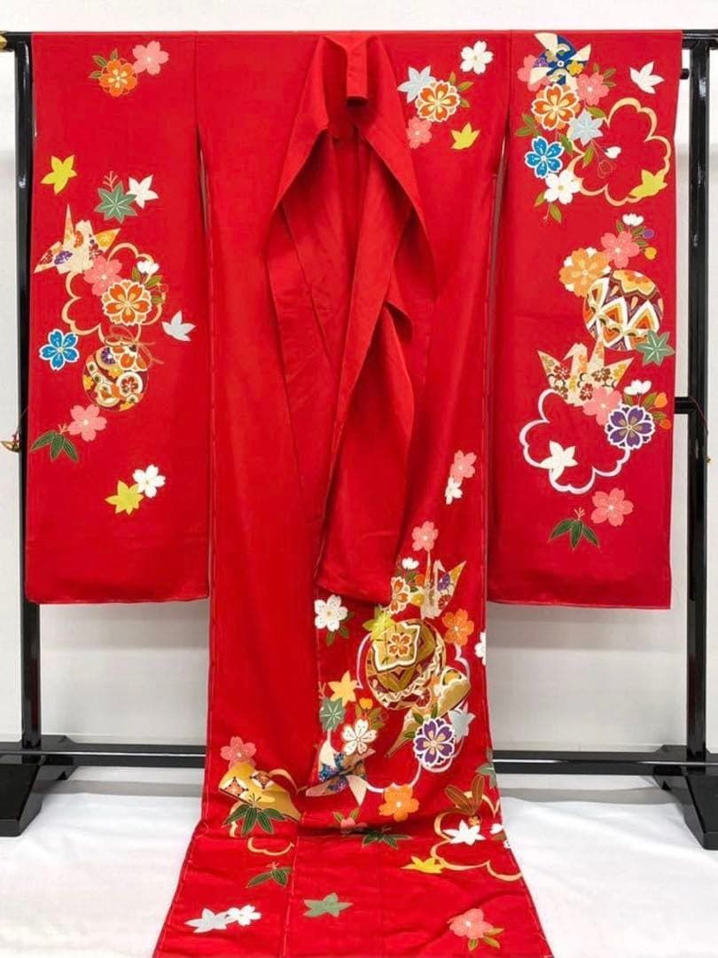 引き振袖 型友禅 未仕立て品 仮絵羽 金駒 金彩 折り鶴 鞠 八掛付き 