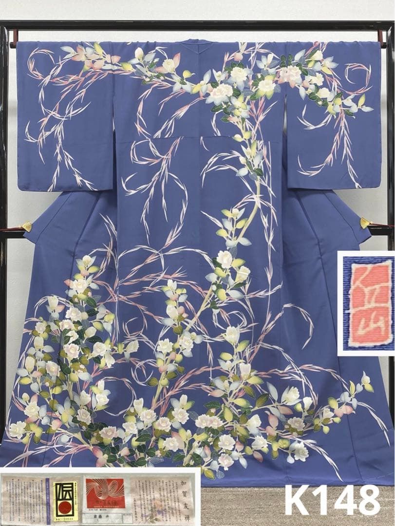 本加賀友禅 東藤岳 落款入 「椿に流し柳」 訪問着 浜ちりめん 正絹 躾糸付き 本加賀友禅 東藤岳 落款入 「椿に流し柳」 訪問着 浜ちりめん 正絹 躾