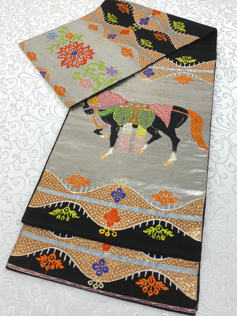 龍村平蔵製 天竺祭馬錦 本袋帯 金糸 銀糸 正絹 天竺祭馬文」