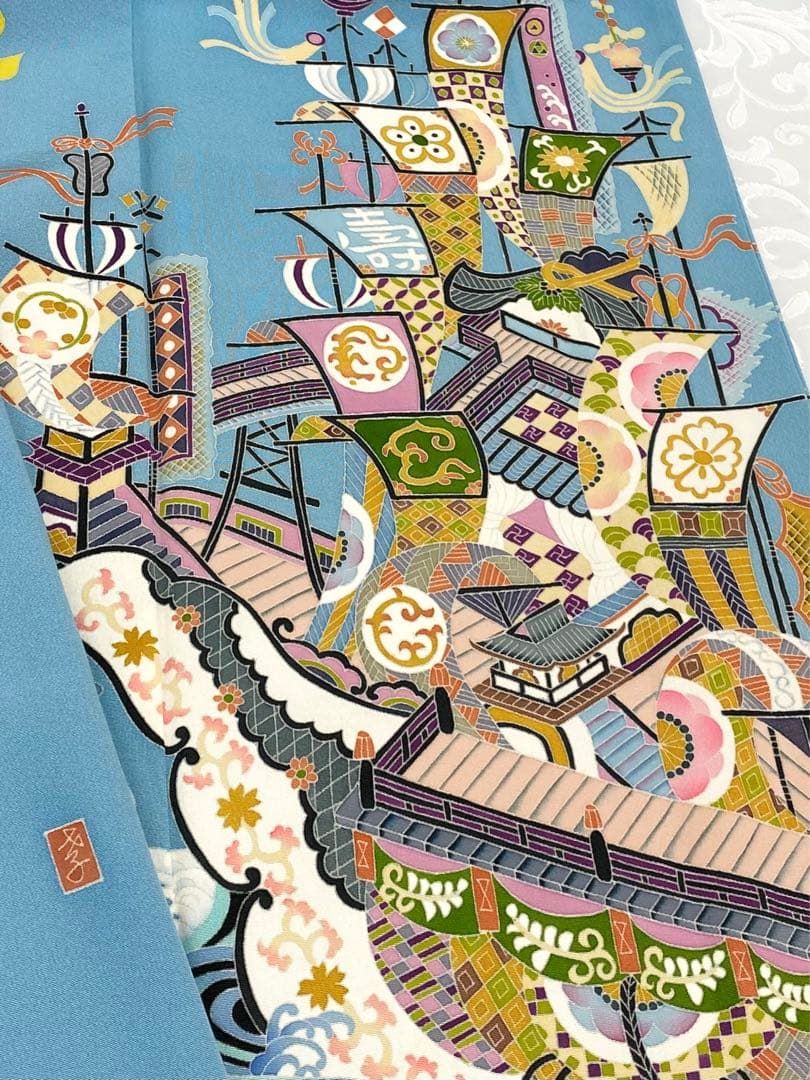 本加賀友禅 茶谷孝志 落款入 振袖 船 鶴 鳥 桜 正絹 パールトーン加工済