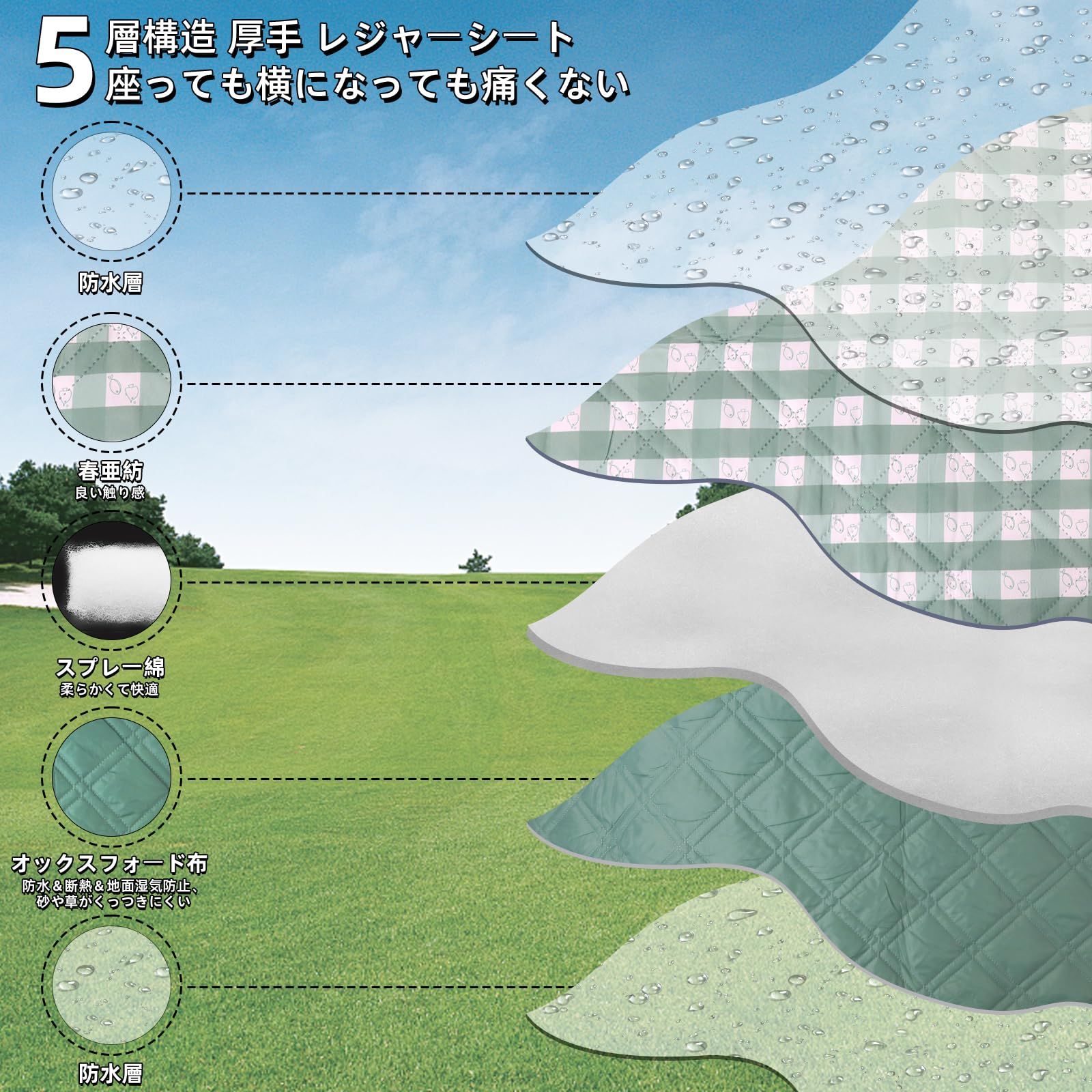 レジャーシート 厚手 ピクニックシート 大判 五層構造 折りたたみ ピクニックマット防水 防風 レジャーマット 洗濯機で洗える 良質革持ち手付き 持ち運びやすい 卷き取り式 軽量 おしゃれ かわいい 遠足 運動会 お花見 花火大会 ピクニックビーチ