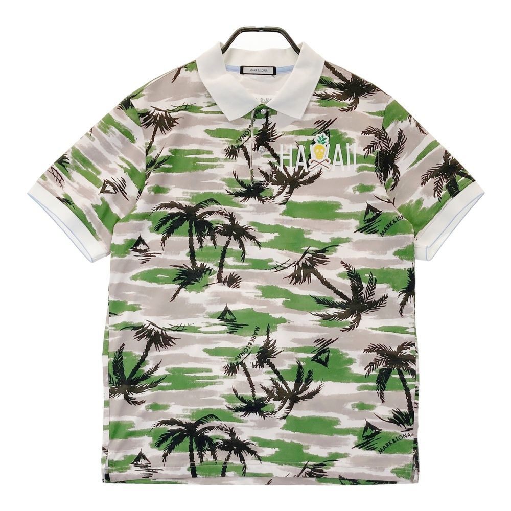 サイズ 50 MARK-LONA マークアンドロナ HAWAII 半袖ポロシャツ スカル ヤシの木 総柄 グリーン系 240101501857 ゴルフウェア メンズ ストスト