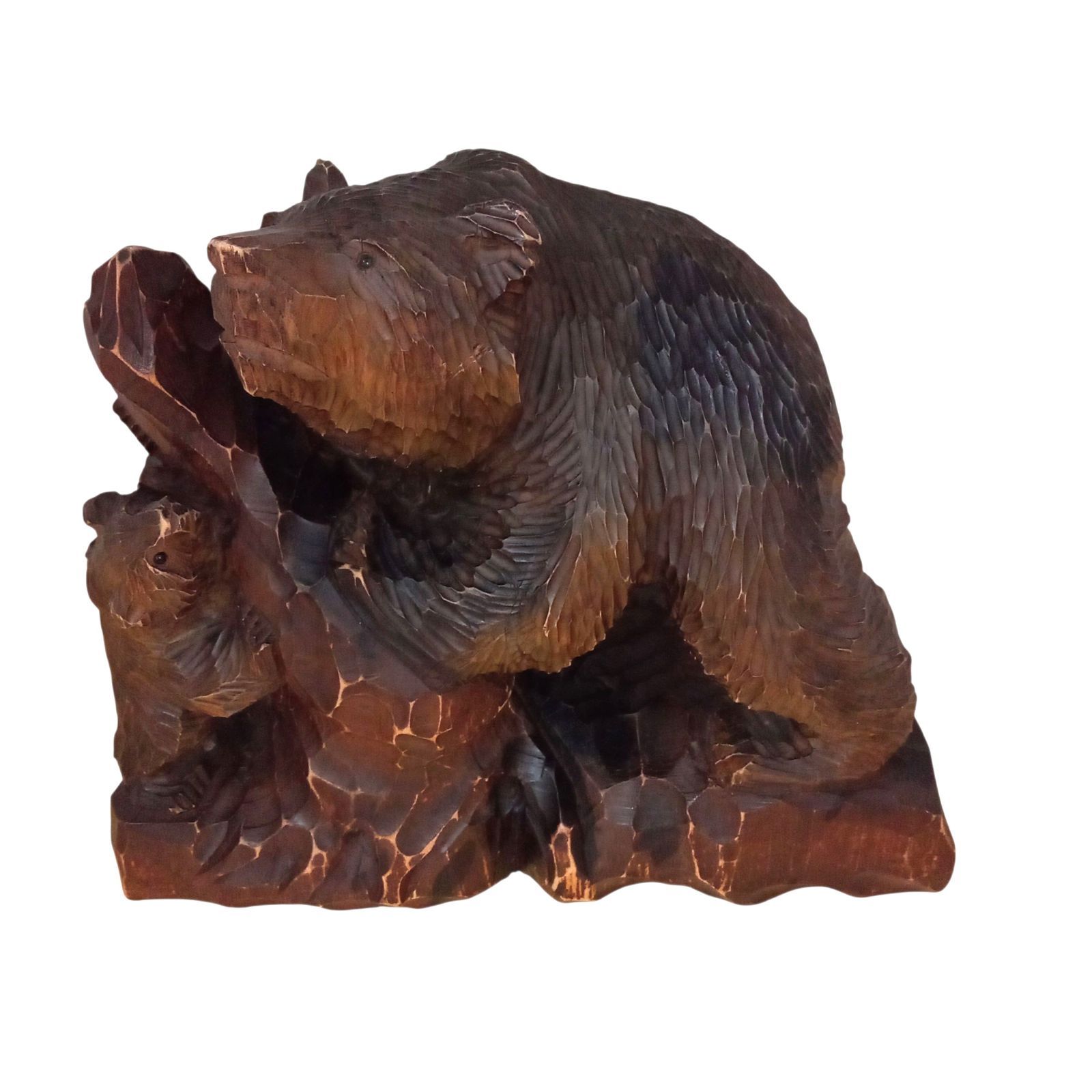 木彫り熊　台座次き X10391 置物 木彫り クマ 熊 台座付き 土産物 木登り 親子 子連れ熊