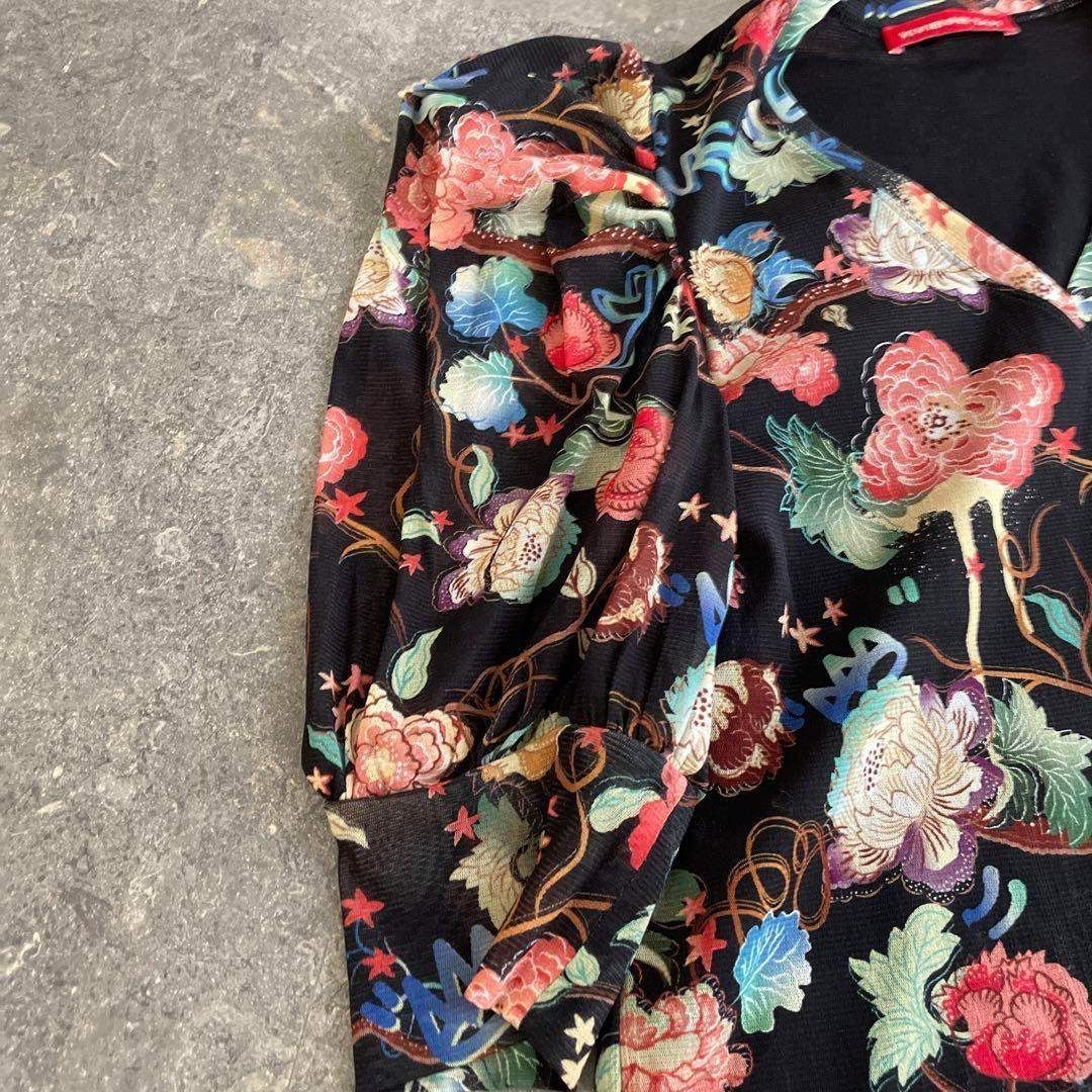  90 ヴィヴィアンタム vivien tam パワーネット 花柄 フラワー ブラウス シャツ お呼ばれ デート オフィスカジュアル 食事会 チャイナ 総柄 赤 RED レッド 朱色 五分袖 七分袖 シャツ ブラウス