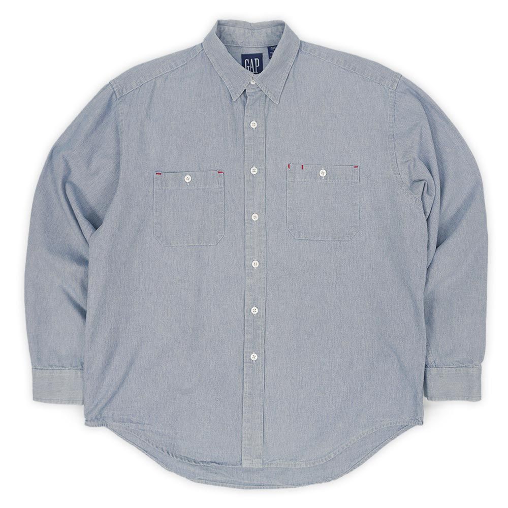 オールドギャップ OLD GAP 90s 90年代 ピンチェック柄 ワークシャツ 旧タグ レギュラーカラー J.CREW USA ヴィンテージ アメリカ 古着 メンズ シャツ ホワイト × ブルー L