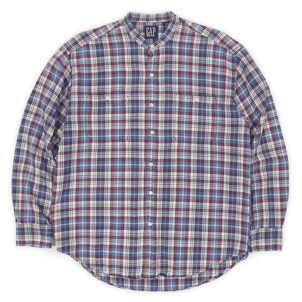 オールドギャップ OLD GAP 90s 90年代 ラウンドカラー ヘビーネルシャツ フランネル ノーカラー バンドカラー 旧タグ USA ヴィンテージ アメリカ 古着 メンズ シャツ ブルー系 チェック柄 L