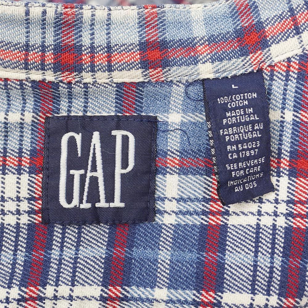 ギャップ OLD GAP 90s 90年代 ラウンド ヘビーネルシャツ フランネル ノー バンド 旧タグ USA ヴィンテージ アメリカ 古着 メンズ シャツ ブルー系 チェック柄 L