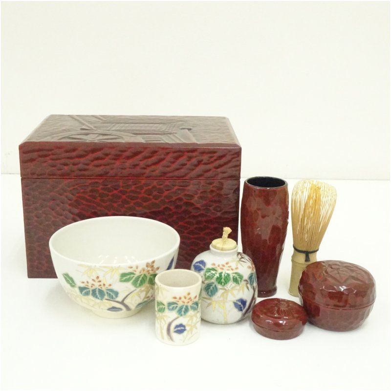 鎌倉彫 茶箱セット 茶道 茶道具 おしゃれ 茶器 一式 揃え 揃い 抹茶 お茶箱 お茶 インテリア 骨董 茶会 茶の湯