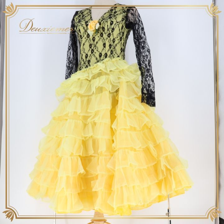 社交ダンス 衣装 ワンピース ドレス パーティ 発表会 ラテン ミニ丈 黄色 黒 レース フリル 軽い かわいい 花 ダンス ブラック系 イエロー系 おしゃれ フェミニン 楽しい フリルドレス ダンス衣装 発表会用衣装 パーティー衣装 可愛いフリル 舞台衣装