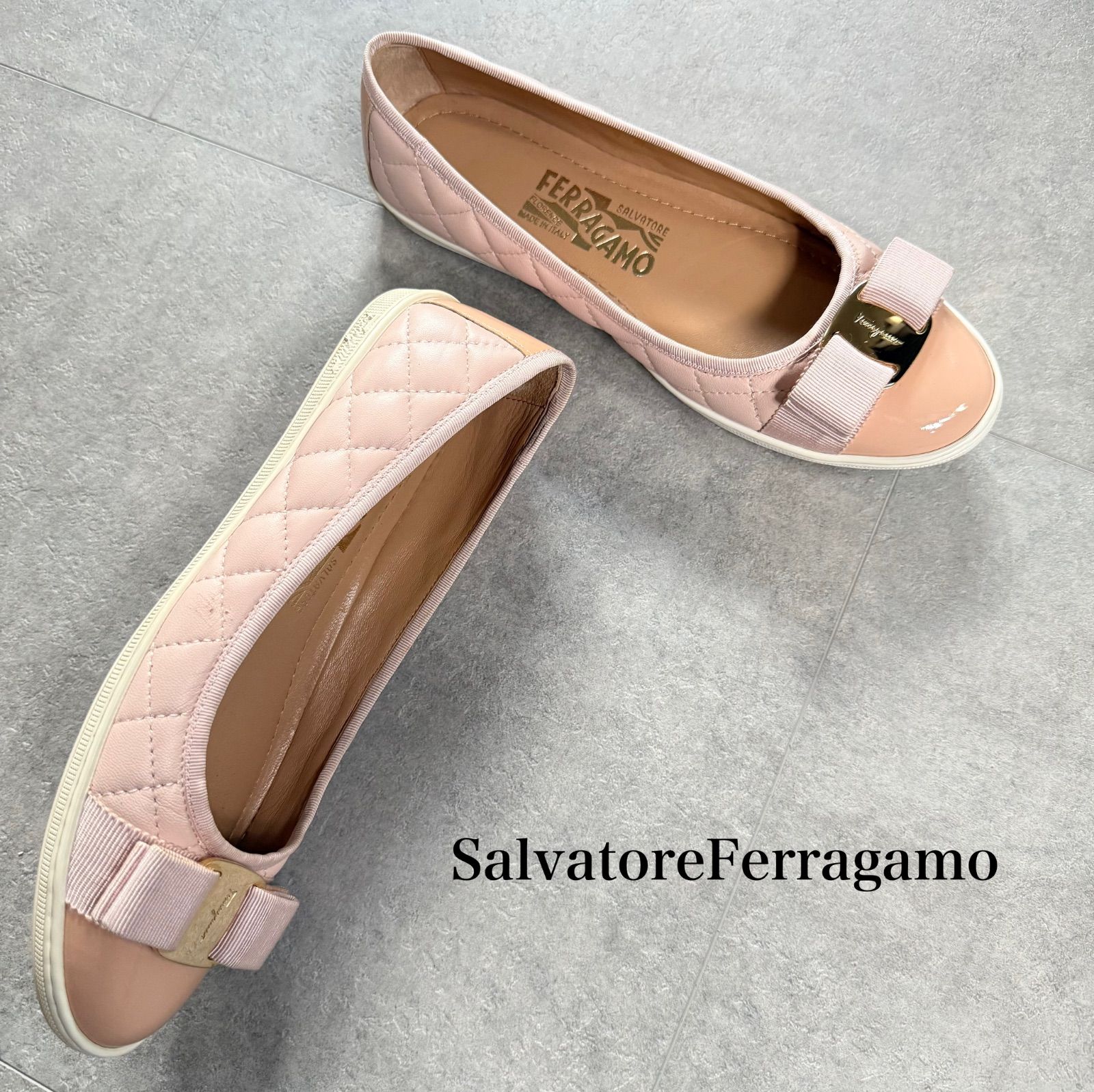 SalvatoreFerragamo サルヴァトーレ フェラガモ ヴァラリボン キルティング レザー スニーカー フラットシューズ ピンク ゴールド金具 6M 23.5cm レディース靴