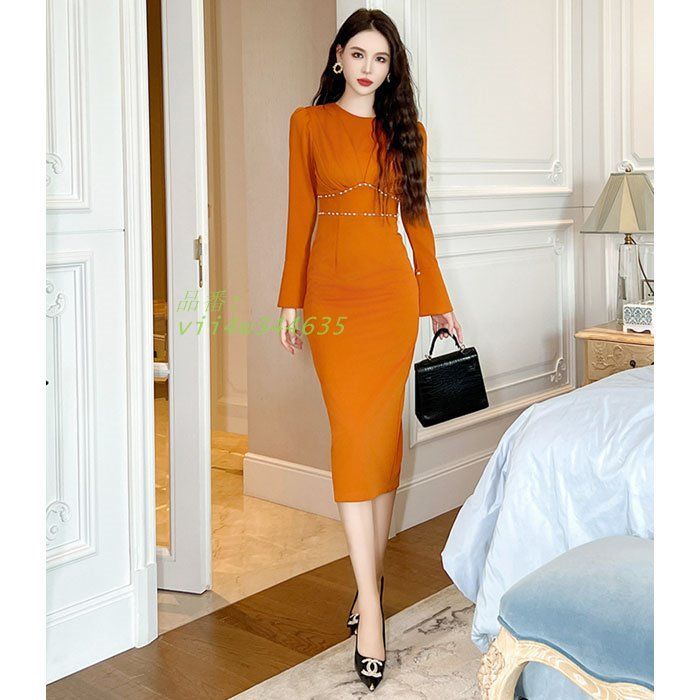 膝下ミモレ丈タイトワンピース 茶