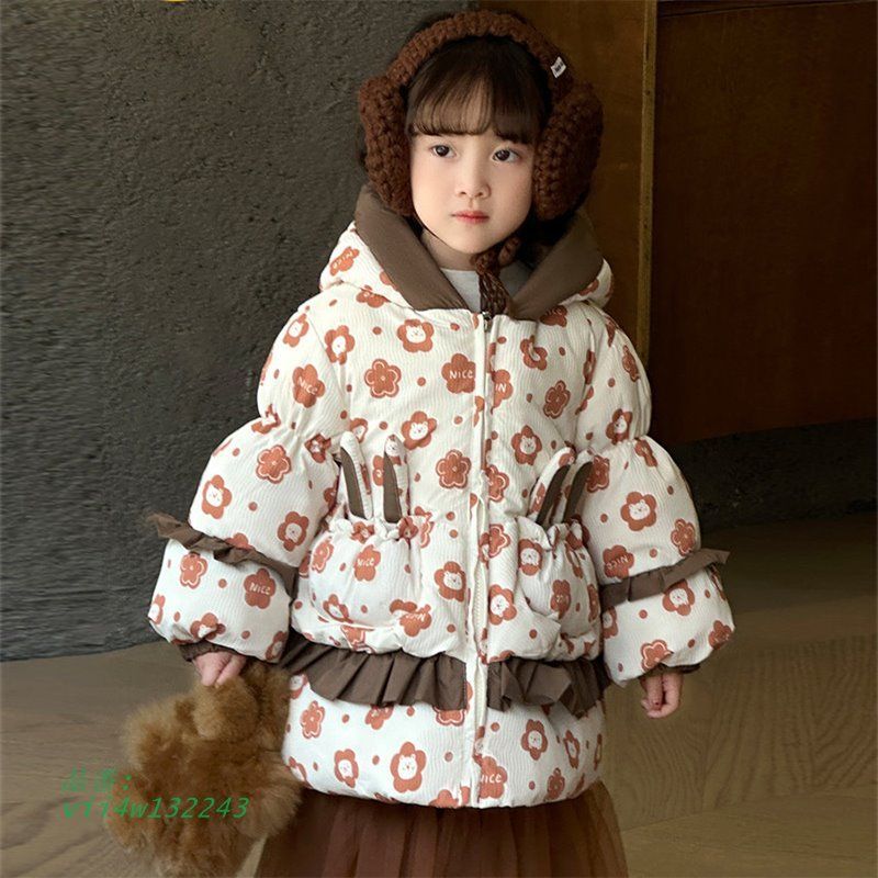 ベビー服 ビッグリボン 花柄 ダウンジャケット キッズ ダウンコート 厚手 通園 防寒 女の子 韓国子供服 フード付き 子供服 アウトドア 暖かい 冬服 vii 4 w 132243