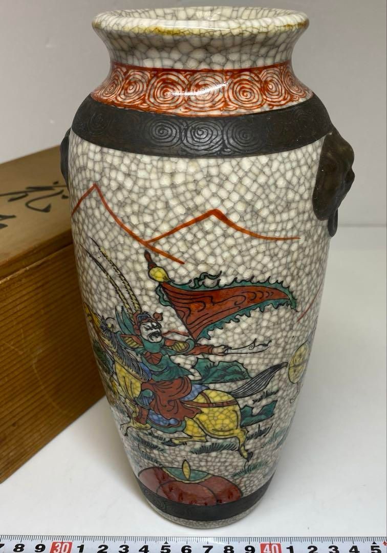 中国清時代　色絵武者絵花瓶　木箱付　高さ23㎝　東Y7-0121② 中国清時代 色絵武者絵花瓶 木箱付 高さ23㎝ 東Y7-