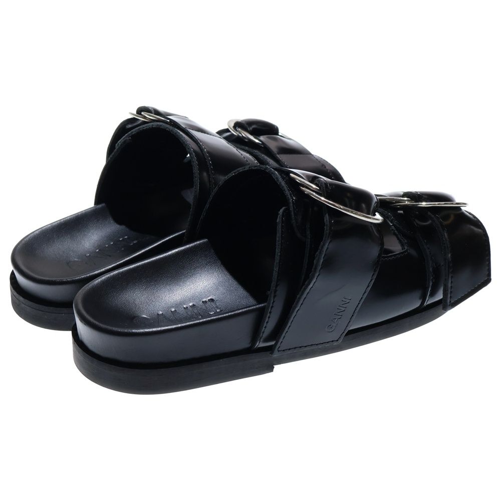  GANNI ガニー シルバーバックル ストラップ付き レザーサンダル ブラック レディース S 0932 サンダル ミュール 靴