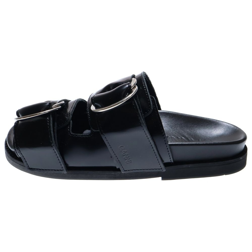 GANNI ガニー シルバーバックル ストラップ付き レザーサンダル ブラック レディース S0932