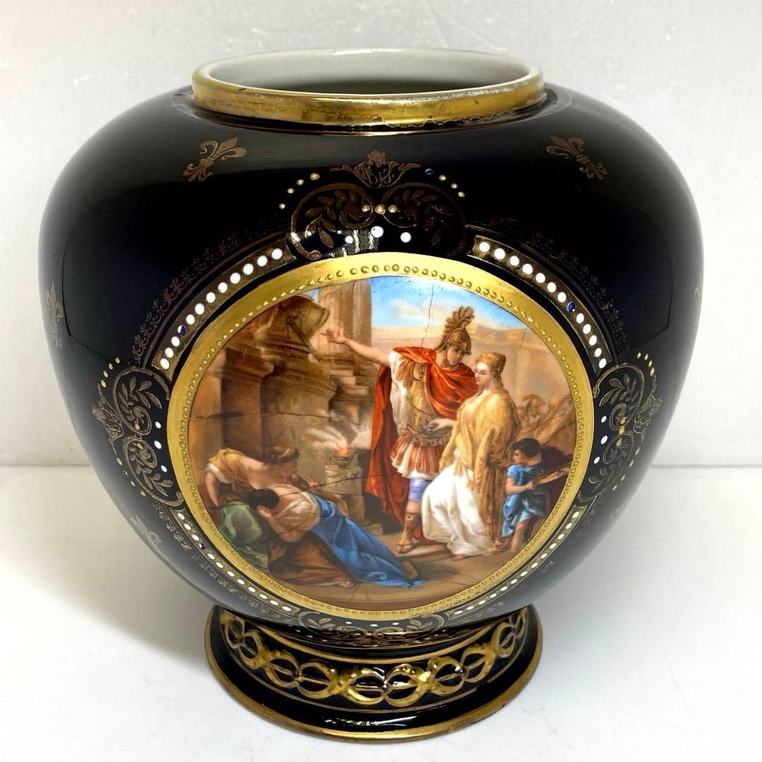 ロイヤルヴィエナ コバルト金彩手描人物フラワーベース 東Y7-0122 トコオ