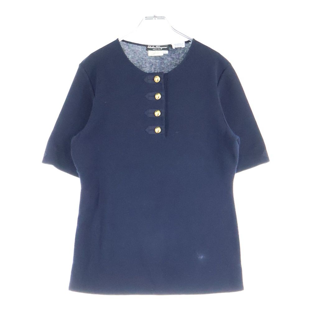 FERRAGAMO フェラガモ ゴールドボタン クルーネック ハーフスリーブ 五分袖 コットンニット ポロシャツ ネイビー