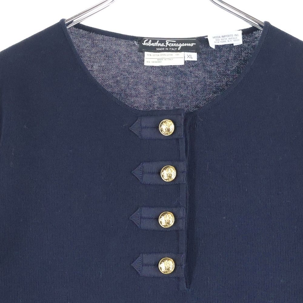  FERRAGAMO フェラガモ ゴールドボタン クルーネック ハーフスリーブ 五分袖 コットンニット ポロシャツ ネイビー ポロシャツ トップス