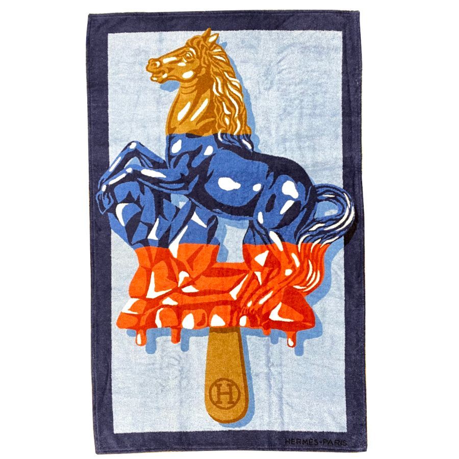 HERMES エルメス ビーチ バス タオル 大判 シュキュラン シュルタン マリン ブルー ネイビー オレンジ ブラウン 青 馬 ホース アイス キャンディー H103443Ｍ02