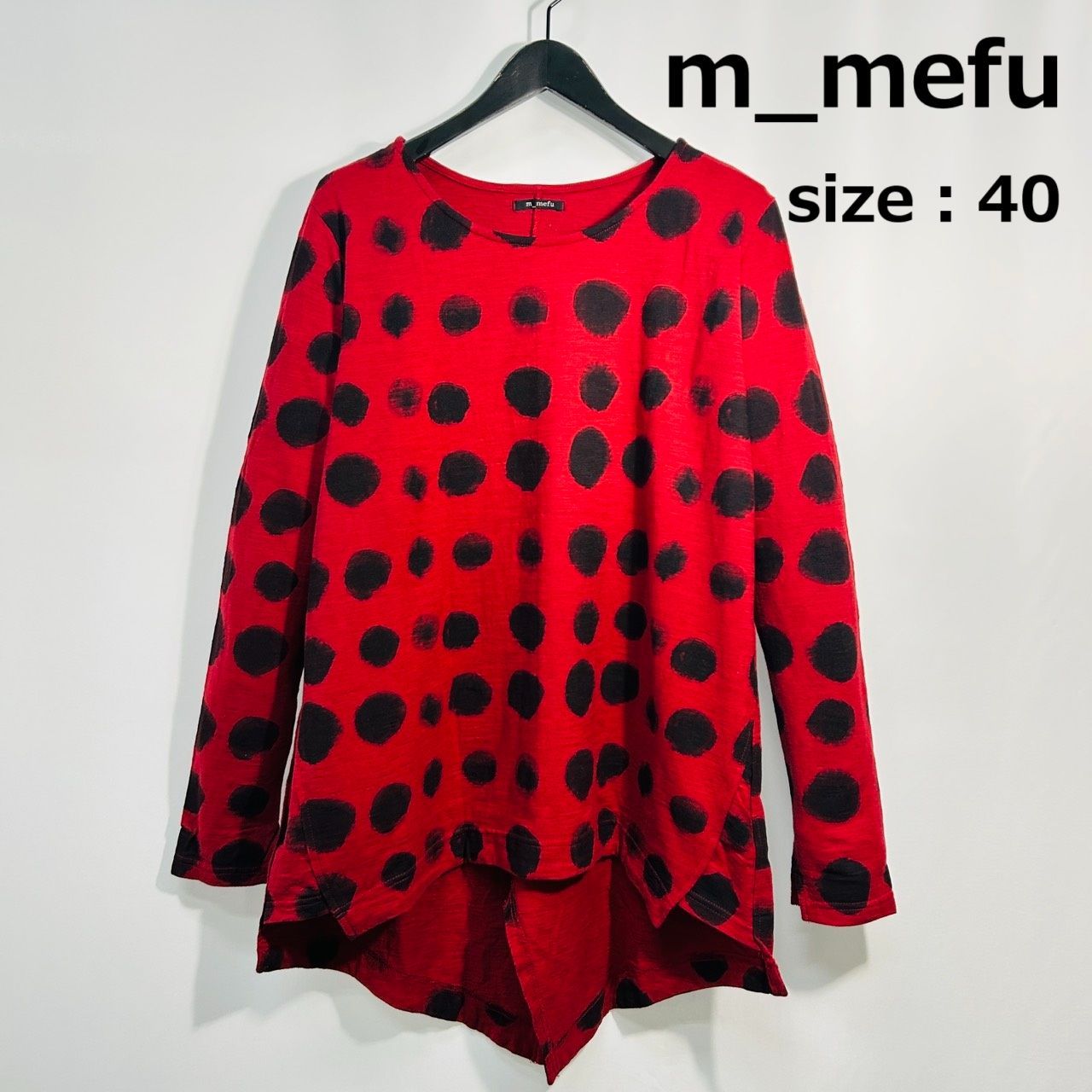 m_mefu 40 レッド系 長袖カットソー トップス 変形ヘムライン アートドット柄 チュニック丈 レディース センソユニコ マツオめふう 芽風