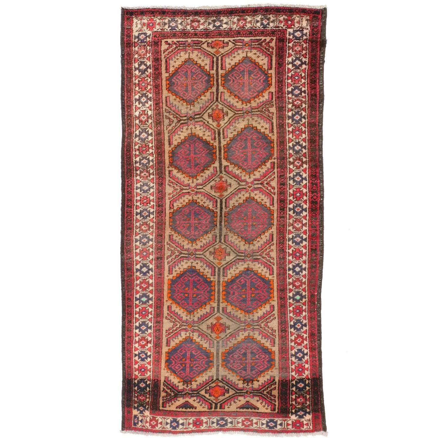 バルーチ 1950年代 1580×750mm セミアンティーク フラワーダイヤモンドモチーフ ヴィンテージラグ専門店 手織り 一点物 送料無料